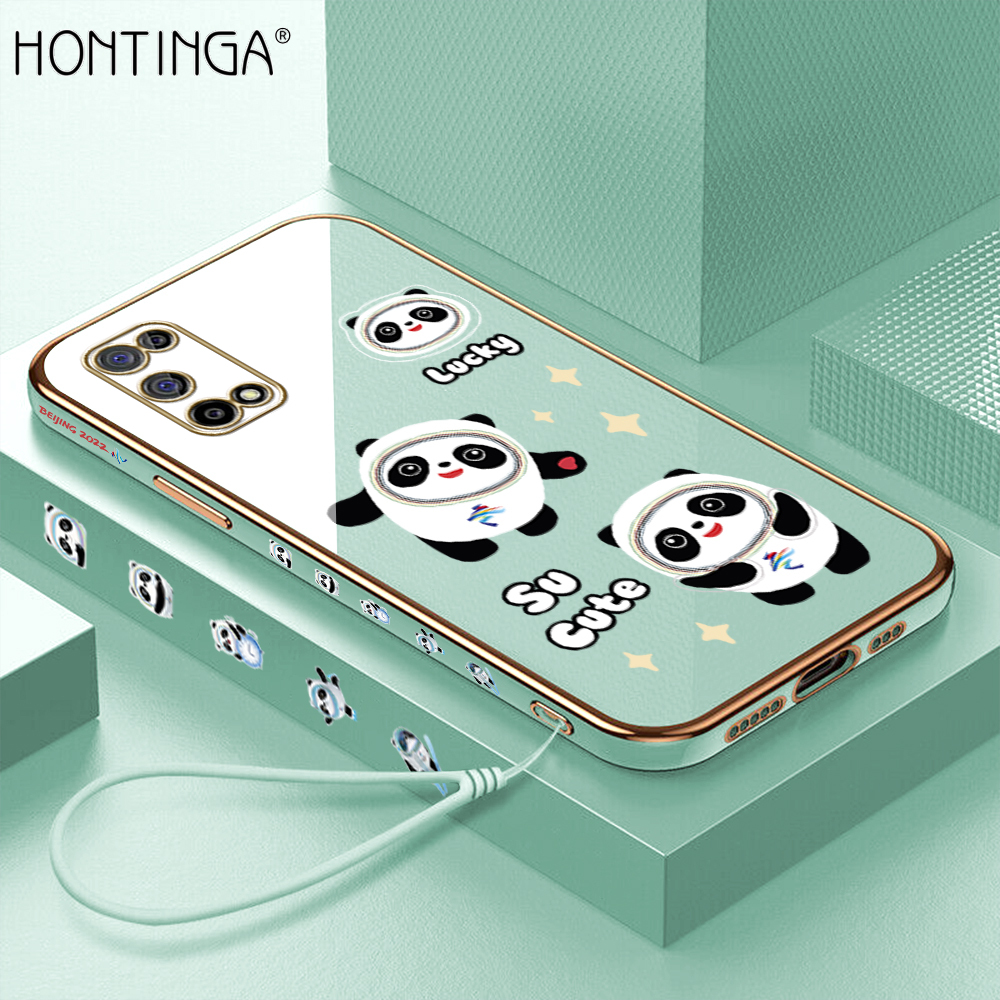 Hontinga Casing Case For Realme 7 5G Case Cute Mascot Bing Dwen Bwen Dun Dun Luxury Chrome Plated Soft TPU Square Phone Case Full Cover Camera Protection Anti Gores Rubber Cases For Girls